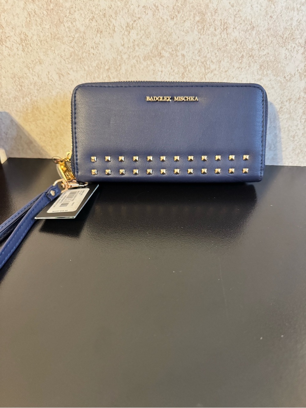 Badgley Mischka Navy Studded Wristlet Wallet